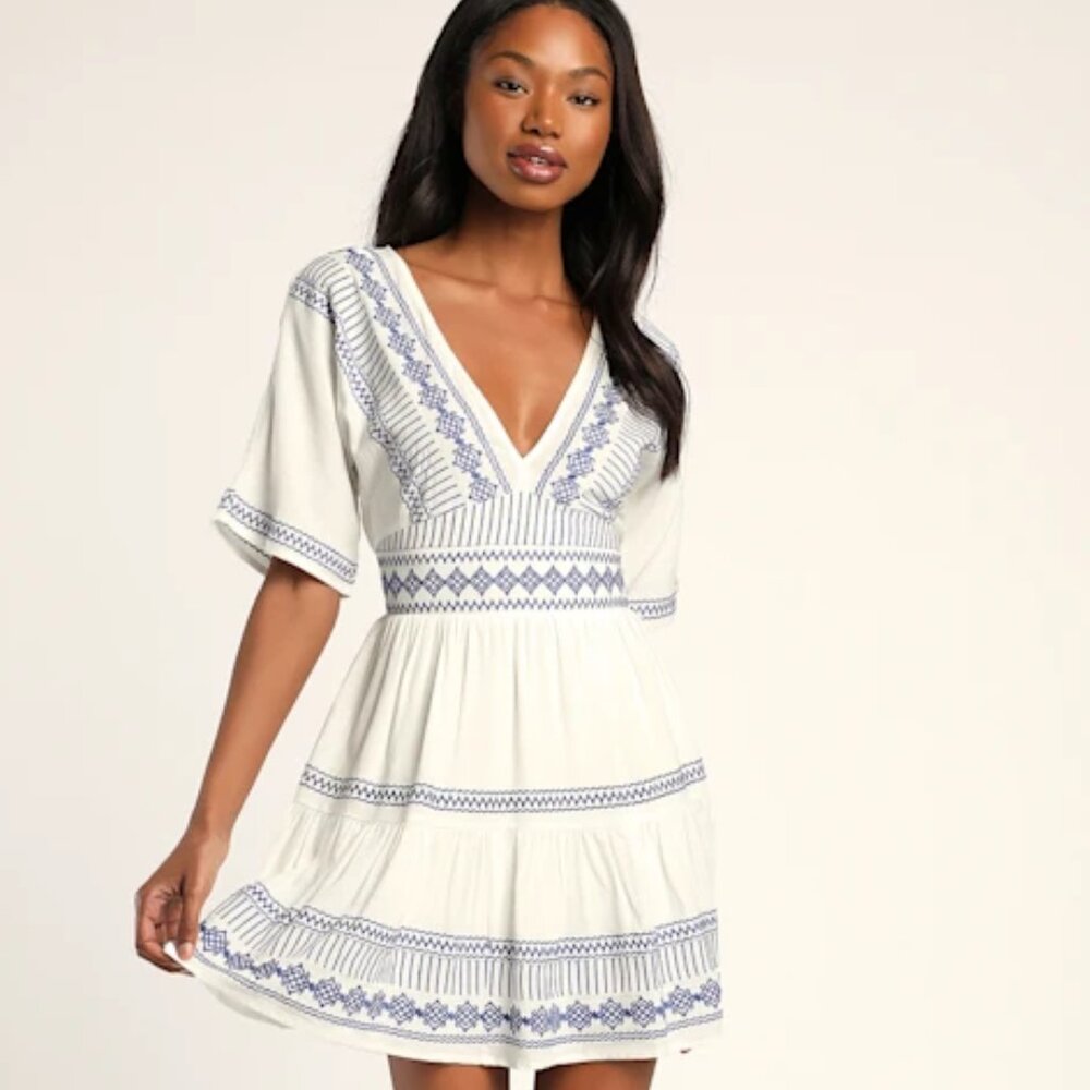 Lulus Gone to Greece White Embroidered Short Sleeve V-Neck Mini Dress, L